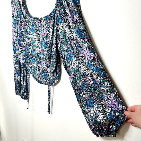 Wild Fable Square Neck Cottagecore Ditsy Blue Purple Drawstring Cropped Blouse - Picture 5 of 15